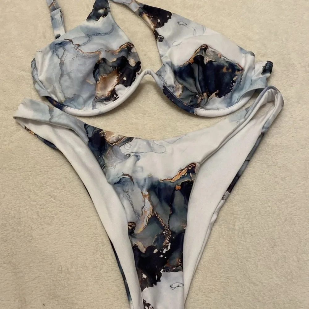 SHEIN Marble Print Bikini in Black, White, and Tan